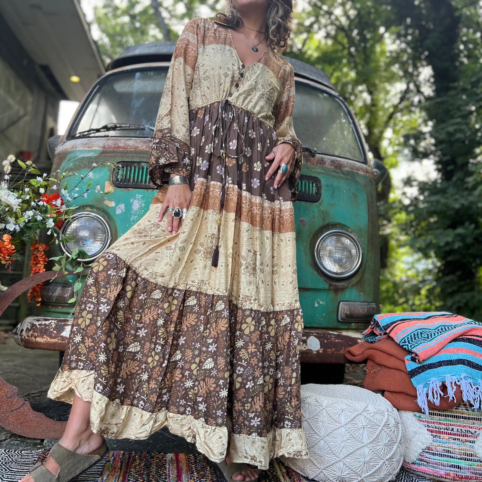 Bohemian tiered maxi dress styled with silver jewelry