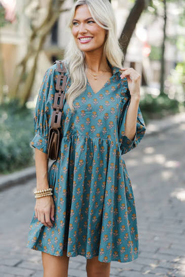 Teal floral babydoll dress with leather crossbody